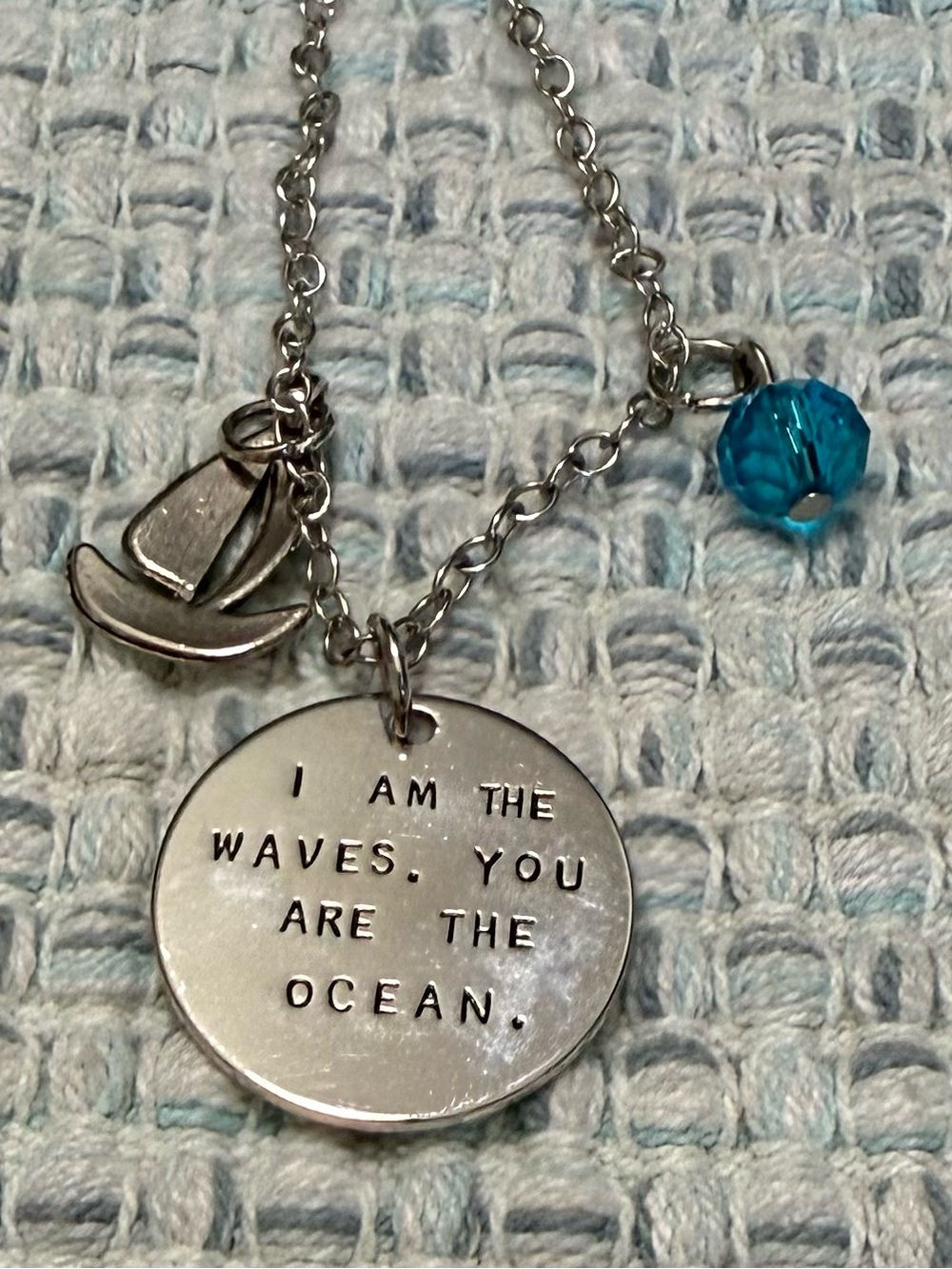 Silver Tone 'I Am The Waves, You Are The Ocean' Pendant Necklace - Blue Accent